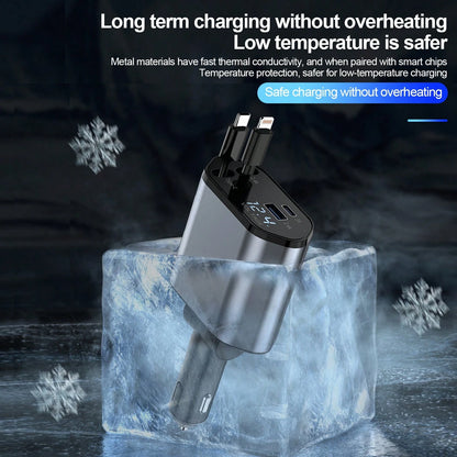 Fast Car Charger With 4-In-1 Retractable Cable, USB Car Charger Compatible With Apple 11/12/13/14/15/Pro Max, Galaxy S23/22, Pixel And IPad Pro Car Accessories Daily Commute, Long Drive, Driving Car C