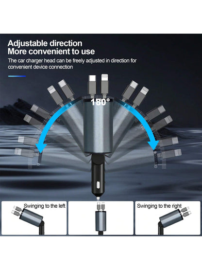 Fast Car Charger With 4-In-1 Retractable Cable, USB Car Charger Compatible With Apple 11/12/13/14/15/Pro Max, Galaxy S23/22, Pixel And IPad Pro Car Accessories Daily Commute, Long Drive, Driving Car C