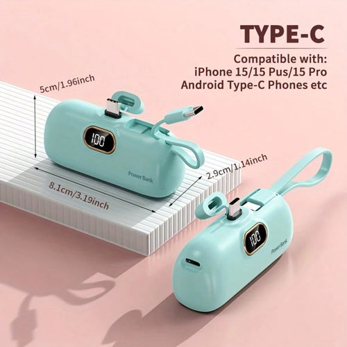 Fast Charging Portable Power Supply Mini 5000mAh Power Bank, 22.5W Fast-Charging Phone Charger, Built-In Charging Plug And Output Cable, LCD Smart Display, Plug Compatible With IPhone 14/13/12/11/10 M