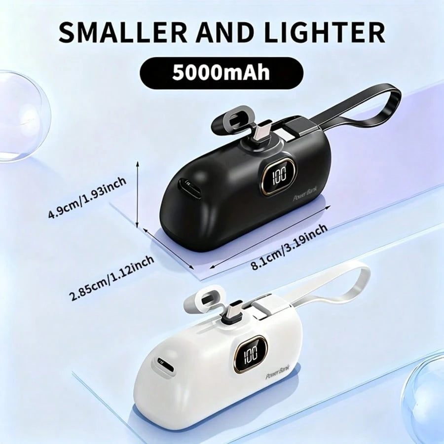 Fast Charging Portable Power Supply Mini 5000mAh Power Bank, 22.5W Fast-Charging Phone Charger, Built-In Charging Plug And Output Cable, LCD Smart Display, Plug Compatible With IPhone 14/13/12/11/10 M