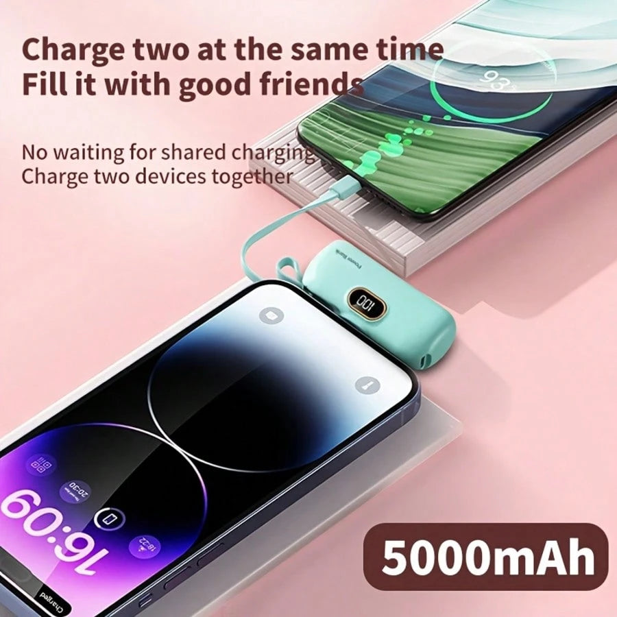 Fast Charging Portable Power Supply Mini 5000mAh Power Bank, 22.5W Fast-Charging Phone Charger, Built-In Charging Plug And Output Cable, LCD Smart Display, Plug Compatible With IPhone 14/13/12/11/10 M