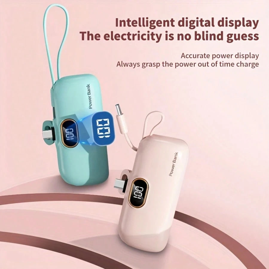 Fast Charging Portable Power Supply Mini 5000mAh Power Bank, 22.5W Fast-Charging Phone Charger, Built-In Charging Plug And Output Cable, LCD Smart Display, Plug Compatible With IPhone 14/13/12/11/10 M