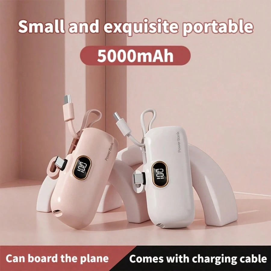 Fast Charging Portable Power Supply Mini 5000mAh Power Bank, 22.5W Fast-Charging Phone Charger, Built-In Charging Plug And Output Cable, LCD Smart Display, Plug Compatible With IPhone 14/13/12/11/10 M