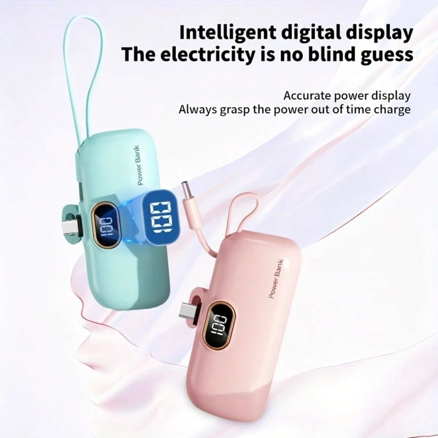 Fast Charging Portable Power Supply Mini 5000mAh Power Bank, 22.5W Fast-Charging Phone Charger, Built-In Charging Plug And Output Cable, LCD Smart Display, Plug Compatible With IPhone 14/13/12/11/10 M