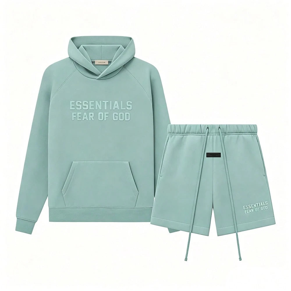Fear of God Essentials Essentials SS23 Sycamore Fleece Tracksuit Set Letter Embossed Hoodie Drawstring Shorts Oversized Loungewear Spring Fall