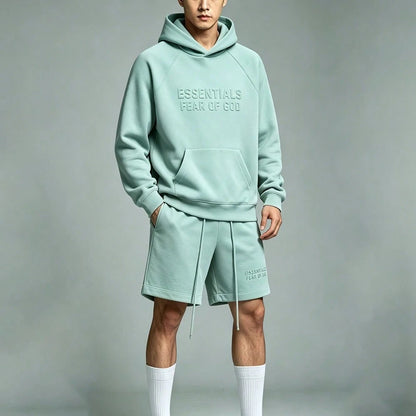 Fear of God Essentials Essentials SS23 Sycamore Fleece Tracksuit Set Letter Embossed Hoodie Drawstring Shorts Oversized Loungewear Spring Fall