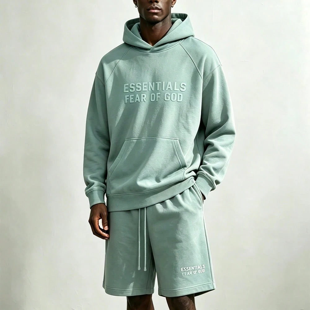 Fear of God Essentials Essentials SS23 Sycamore Fleece Tracksuit Set Letter Embossed Hoodie Drawstring Shorts Oversized Loungewear Spring Fall