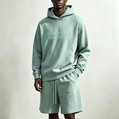 Fear of God Essentials Essentials SS23 Sycamore Fleece Tracksuit Set Letter Embossed Hoodie Drawstring Shorts Oversized Loungewear Spring Fall