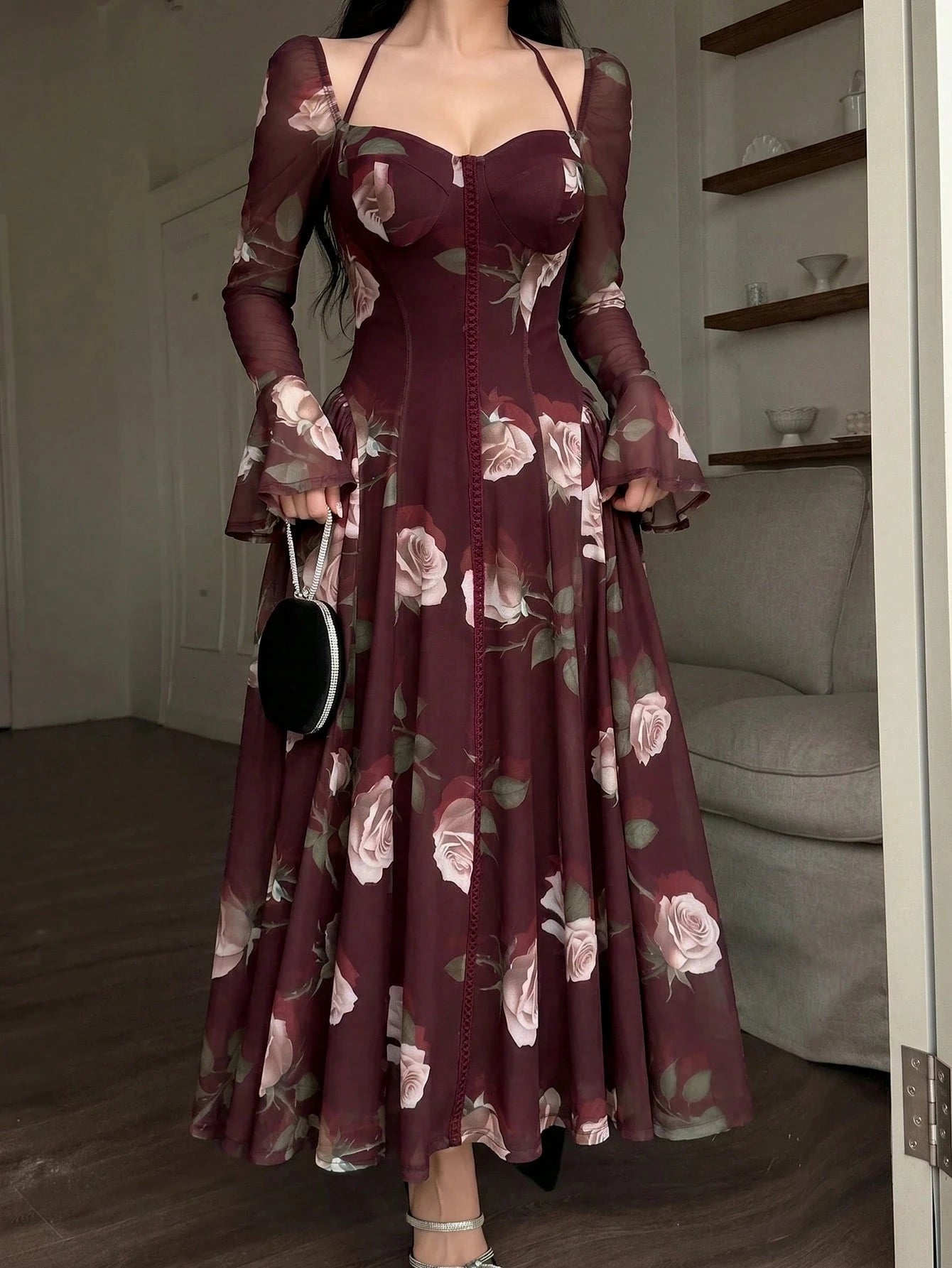 Feyla Stylish Women's Maroon Floral Print Mesh Overlay Long Dress Sweetheart Neck Long Bell Sleeves