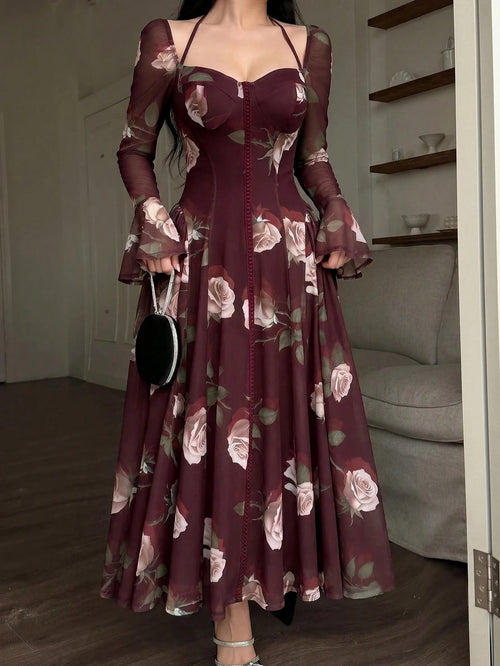 Feyla Stylish Women's Maroon Floral Print Mesh Overlay Long Dress Sweetheart Neck Long Bell Sleeves
