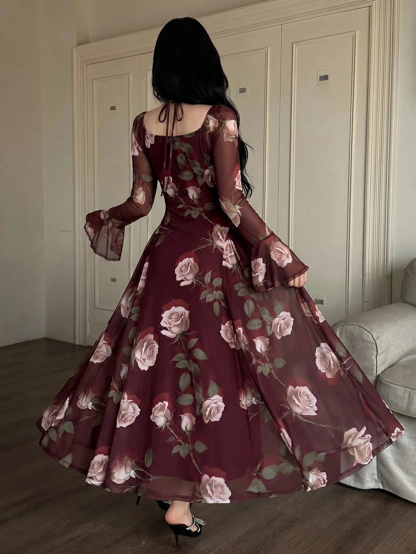 Feyla Stylish Women's Maroon Floral Print Mesh Overlay Long Dress Sweetheart Neck Long Bell Sleeves
