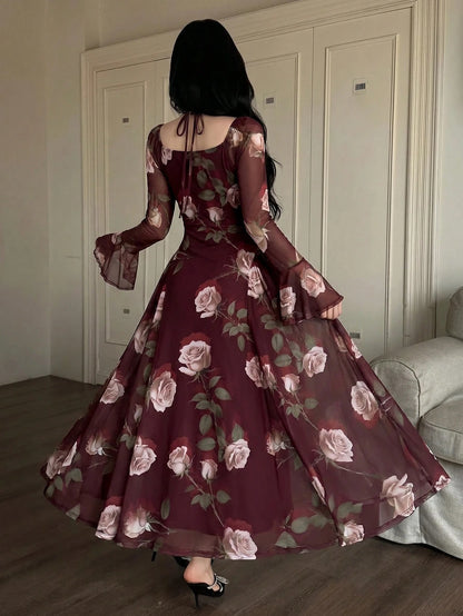 Feyla Stylish Women's Maroon Floral Print Mesh Overlay Long Dress Sweetheart Neck Long Bell Sleeves