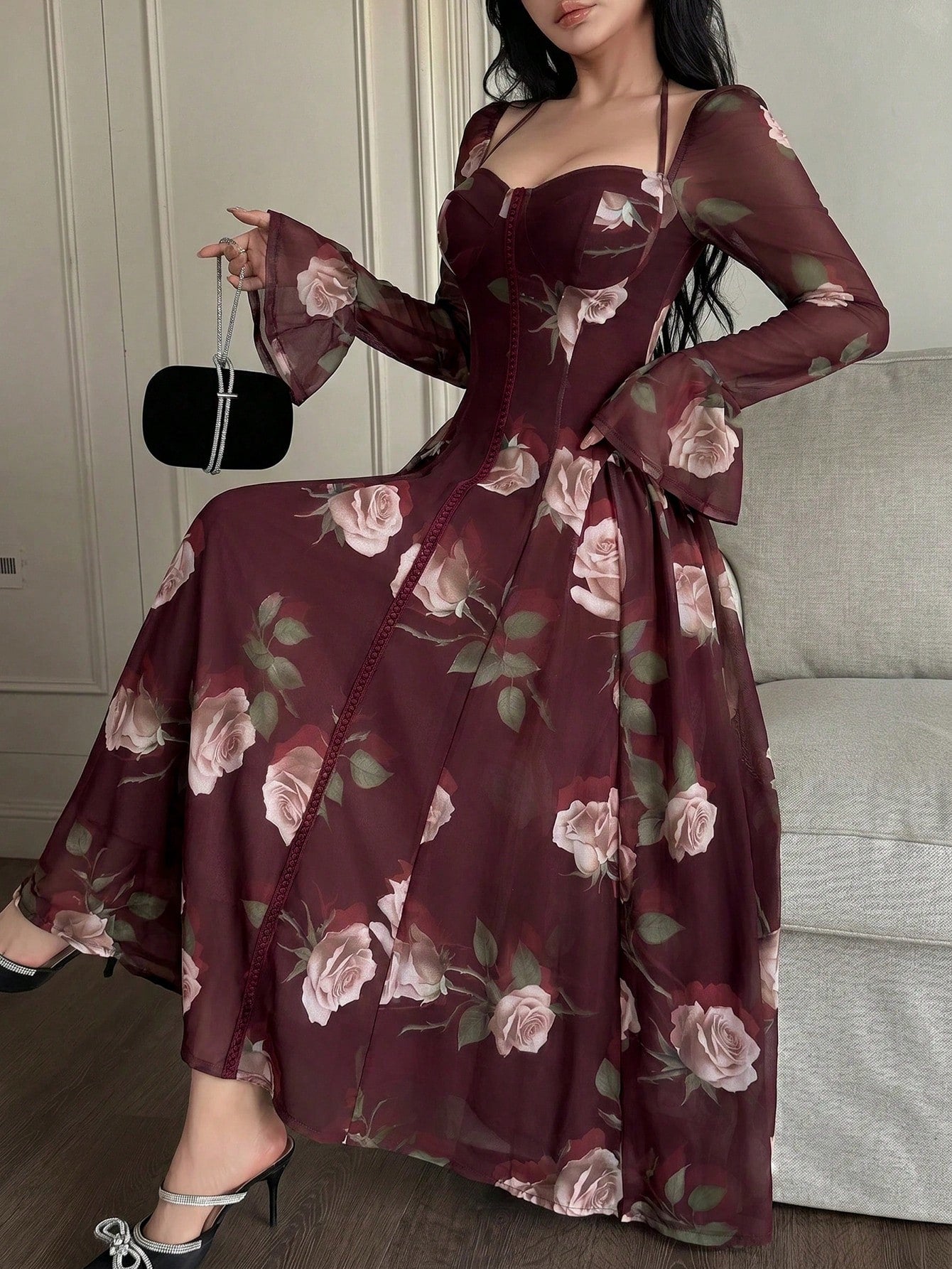 Feyla Stylish Women's Maroon Floral Print Mesh Overlay Long Dress Sweetheart Neck Long Bell Sleeves