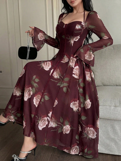 Feyla Stylish Women's Maroon Floral Print Mesh Overlay Long Dress Sweetheart Neck Long Bell Sleeves