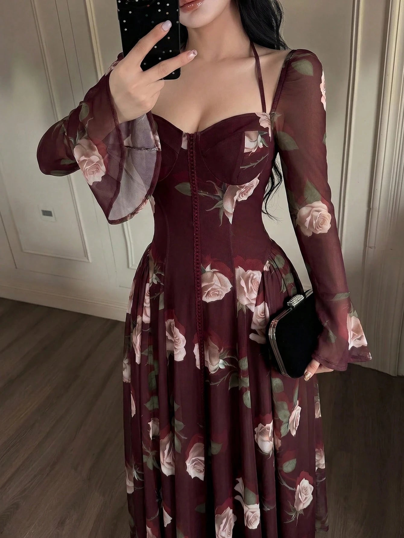 Feyla Stylish Women's Maroon Floral Print Mesh Overlay Long Dress Sweetheart Neck Long Bell Sleeves