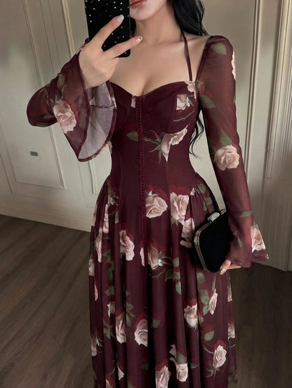 Feyla Stylish Women's Maroon Floral Print Mesh Overlay Long Dress Sweetheart Neck Long Bell Sleeves