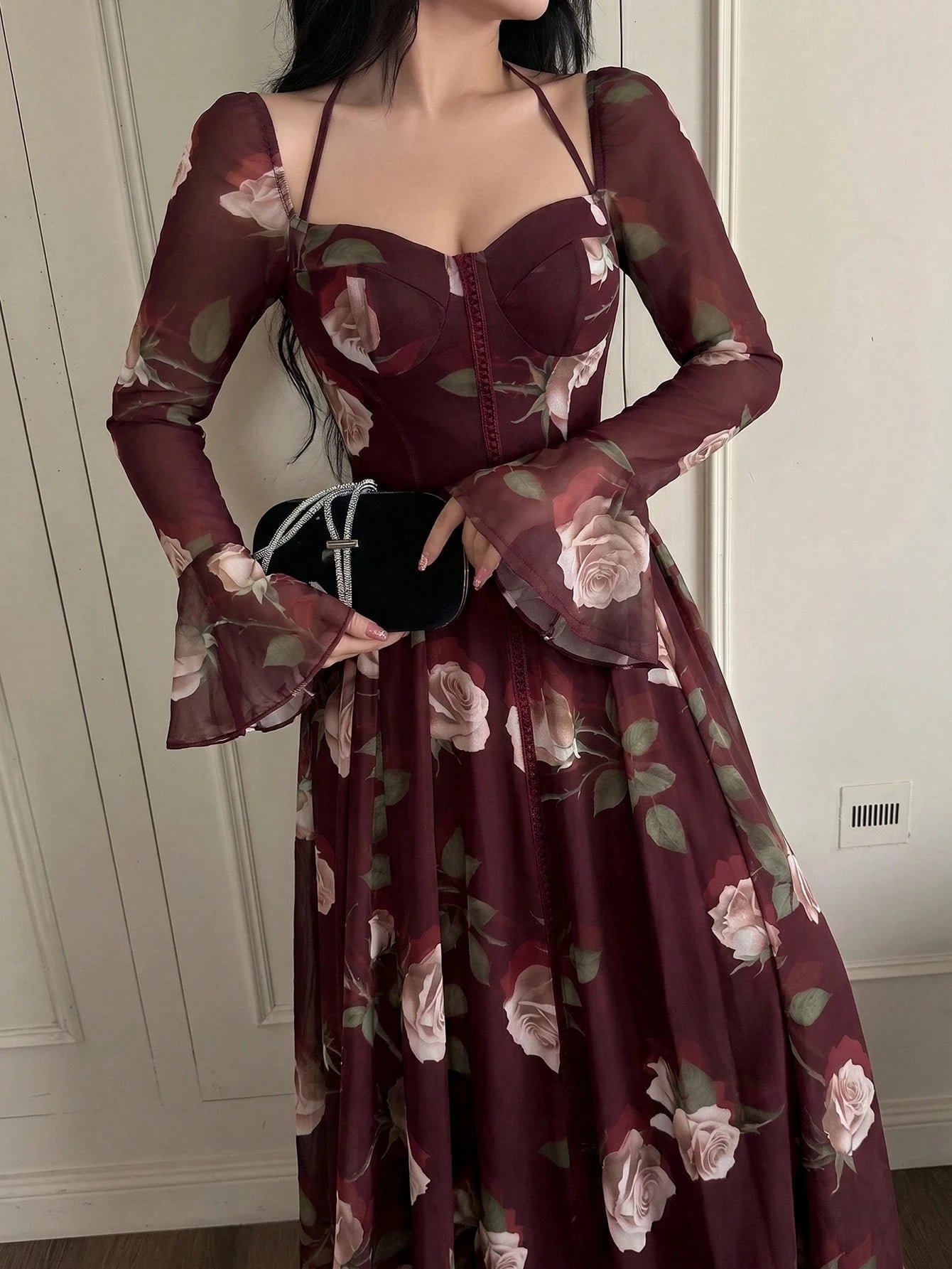Feyla Stylish Women's Maroon Floral Print Mesh Overlay Long Dress Sweetheart Neck Long Bell Sleeves