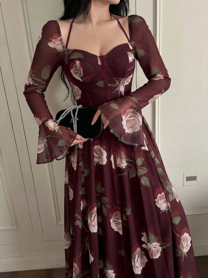 Feyla Stylish Women's Maroon Floral Print Mesh Overlay Long Dress Sweetheart Neck Long Bell Sleeves