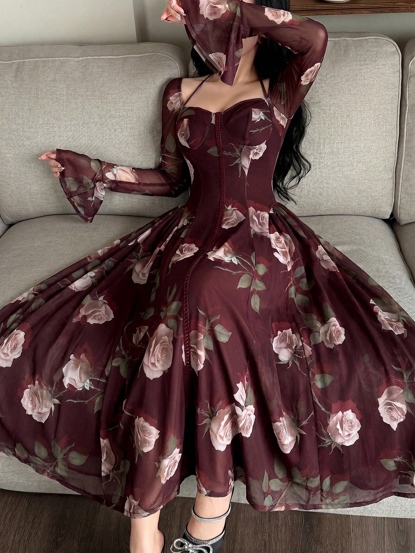 Feyla Stylish Women's Maroon Floral Print Mesh Overlay Long Dress Sweetheart Neck Long Bell Sleeves