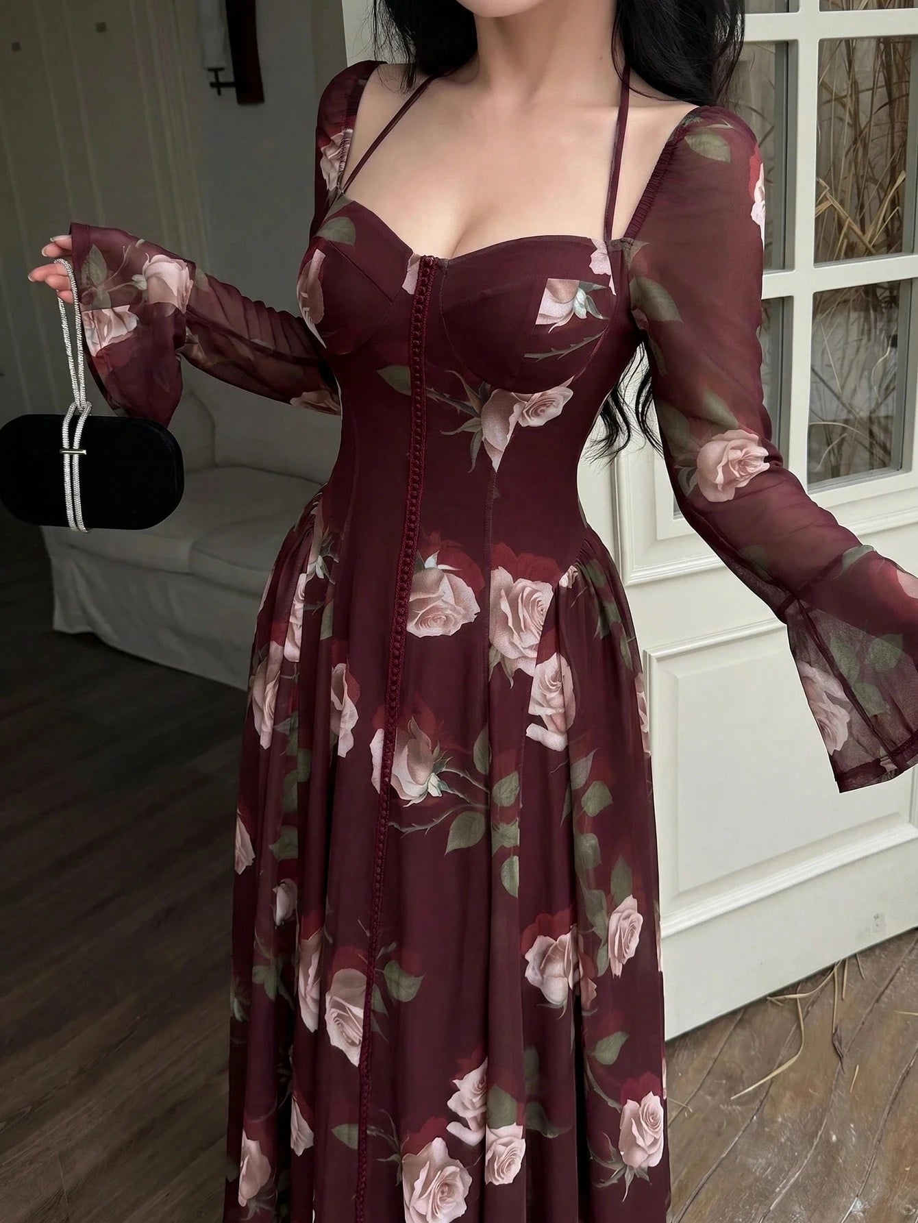 Feyla Stylish Women's Maroon Floral Print Mesh Overlay Long Dress Sweetheart Neck Long Bell Sleeves
