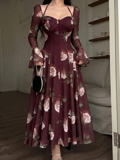 Feyla Stylish Women's Maroon Floral Print Mesh Overlay Long Dress Sweetheart Neck Long Bell Sleeves