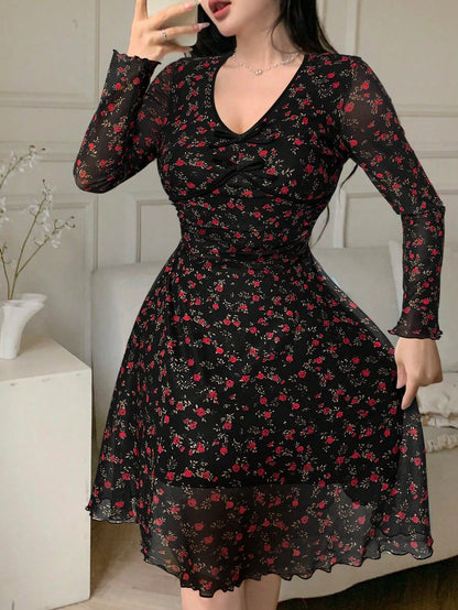 Feyla Women's Ditsy Floral Bow Decor V-Neck Long Sleeve Fashionable Short Dress