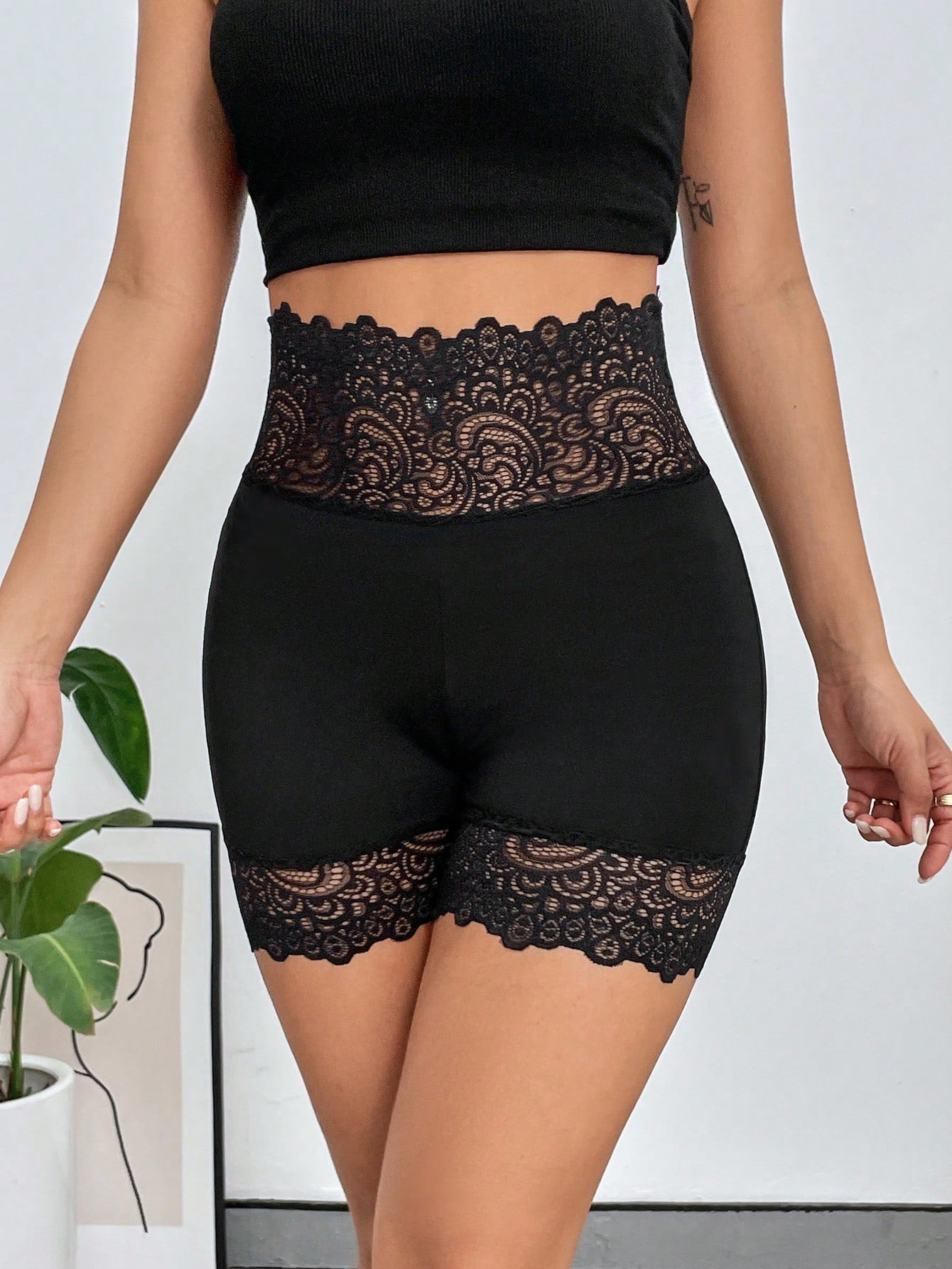 Firerie Contrast Lace High Waist Biker Black Short Shorts