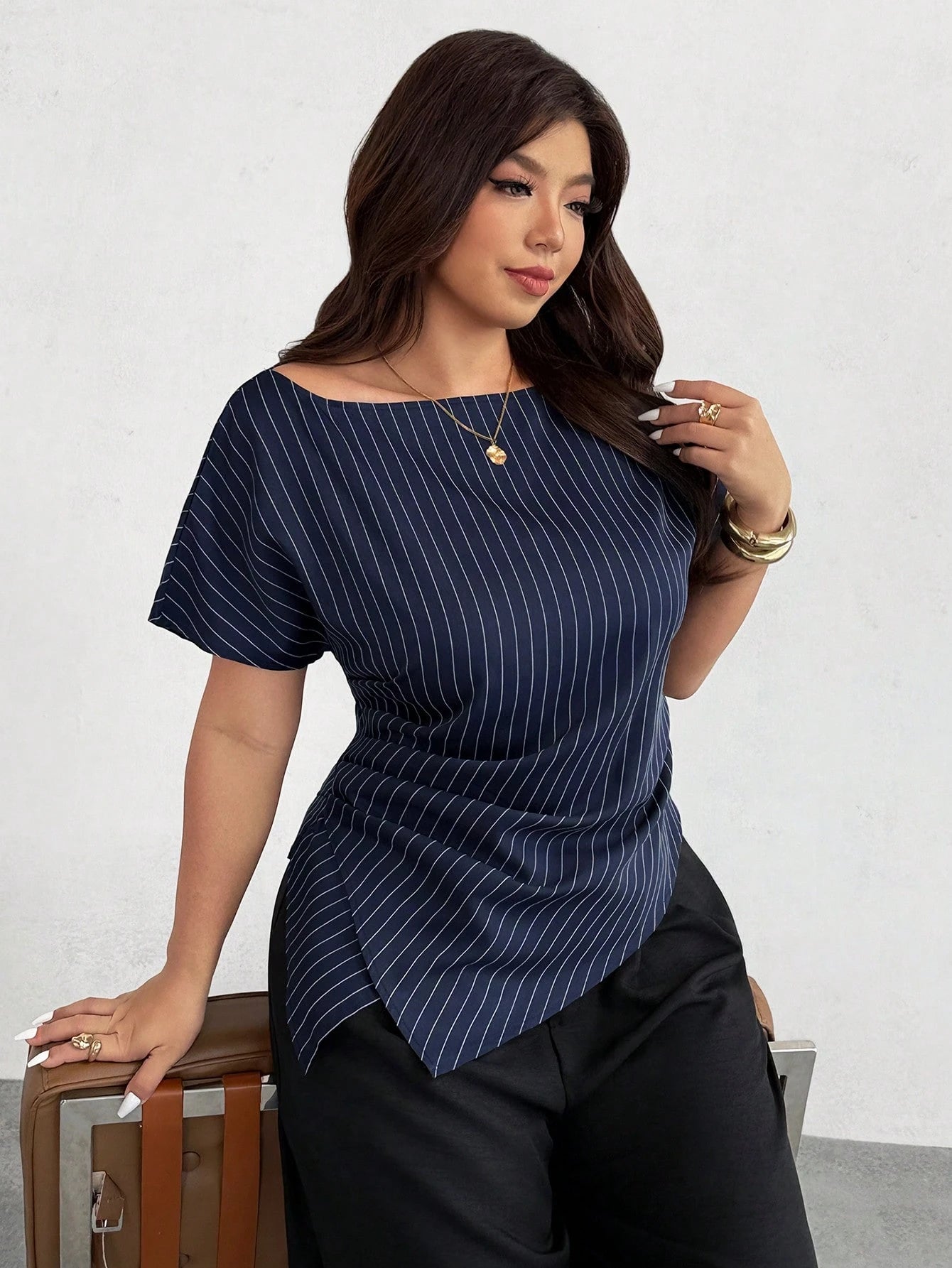 Firerie Plus Casual Elegant Plaid Asymmetric Hem Blouse, Navy Blue, Summer, Office Wedding Guest, Work, Business Casual Women, Striped Shirt, Teachers' Day