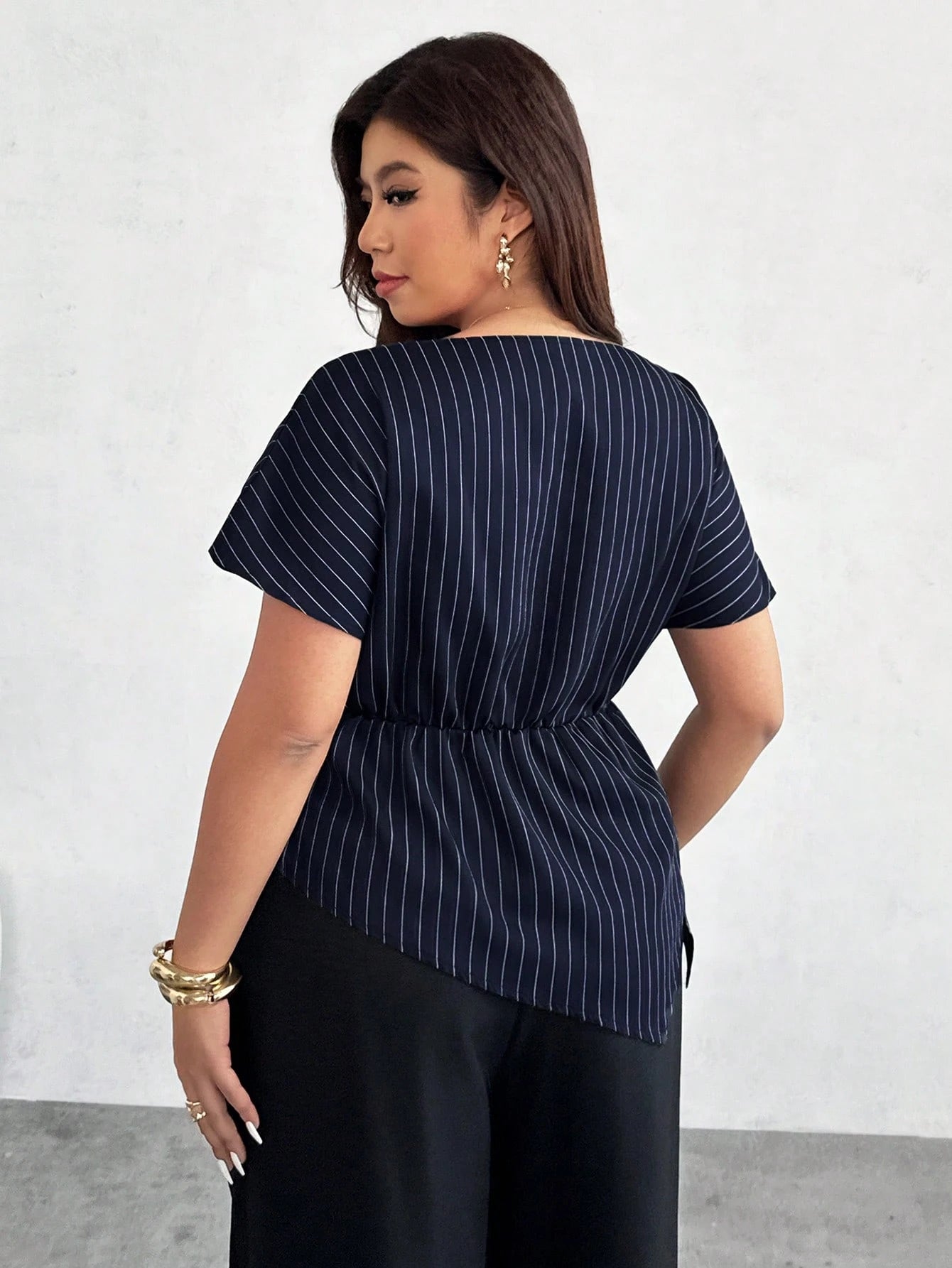 Firerie Plus Casual Elegant Plaid Asymmetric Hem Blouse, Navy Blue, Summer, Office Wedding Guest, Work, Business Casual Women, Striped Shirt, Teachers' Day