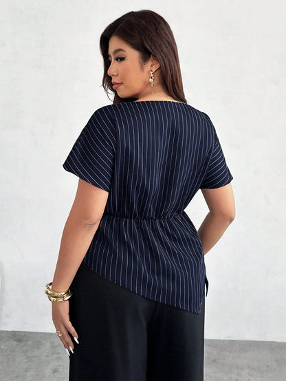 Firerie Plus Casual Elegant Plaid Asymmetric Hem Blouse, Navy Blue, Summer, Office Wedding Guest, Work, Business Casual Women, Striped Shirt, Teachers' Day