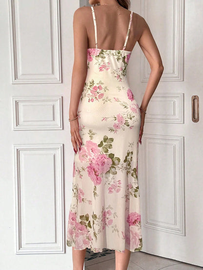 Firerie Women Midi Dresses, Boho Romantic Elegant Wedding Dress Garden Party Tea Party Pink Flower Summer