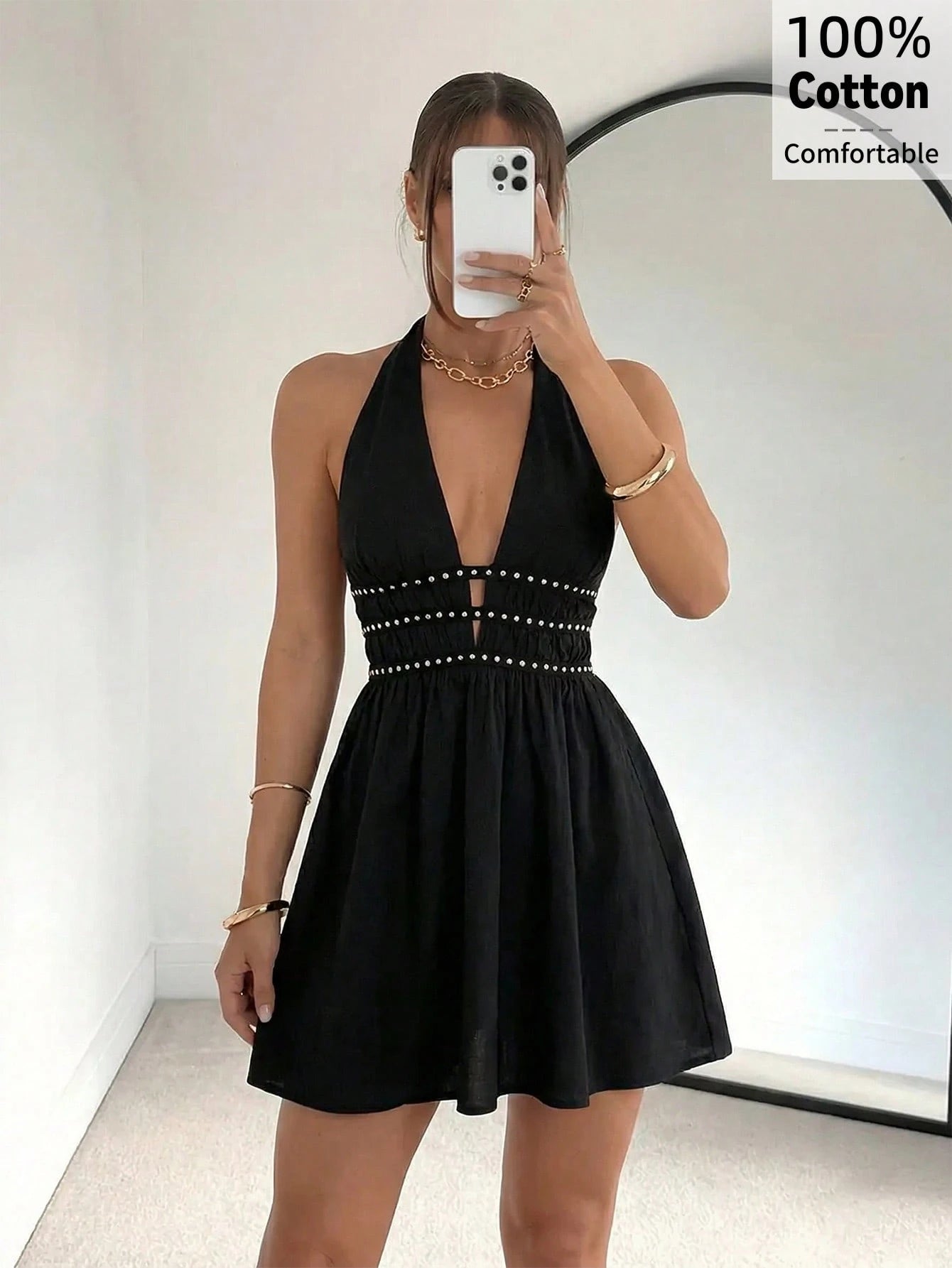 Firerie Women's Black New V-Neck Rivet Webbing Waist-Cinching A-Line Mini Dress, Rivet Accessory Sexy Short Dress, V-Neck Sexy Dress, Rivet Webbing Short Dress, Sleeveless Short Dress, Waist-Cinching