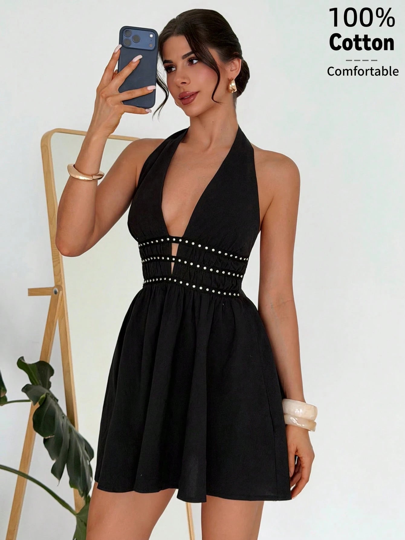 Firerie Women's Black New V-Neck Rivet Webbing Waist-Cinching A-Line Mini Dress, Rivet Accessory Sexy Short Dress, V-Neck Sexy Dress, Rivet Webbing Short Dress, Sleeveless Short Dress, Waist-Cinching