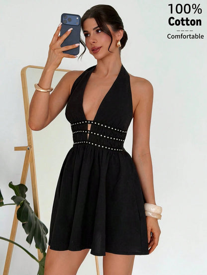 Firerie Women's Black New V-Neck Rivet Webbing Waist-Cinching A-Line Mini Dress, Rivet Accessory Sexy Short Dress, V-Neck Sexy Dress, Rivet Webbing Short Dress, Sleeveless Short Dress, Waist-Cinching