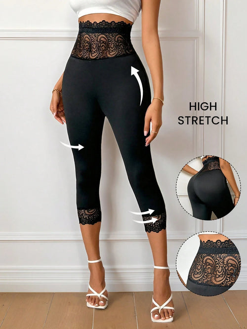 Firerie Women's Daily Elegant Chic Basic Simple Lace Butt Lifting High-Waisted Capri Leggings