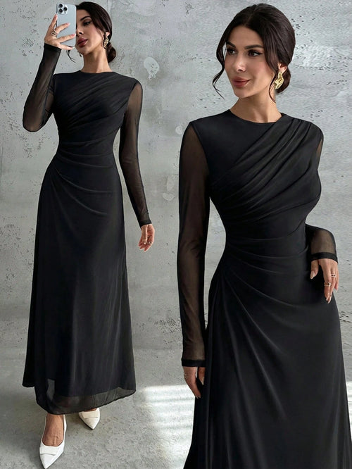 Firerie Women's Elegant Vintage Black Mesh Long Sleeve Maxi Dress Autumn Dining Formal Dinner Date Party Night Evening Office Commute A-Line Bridesmaid