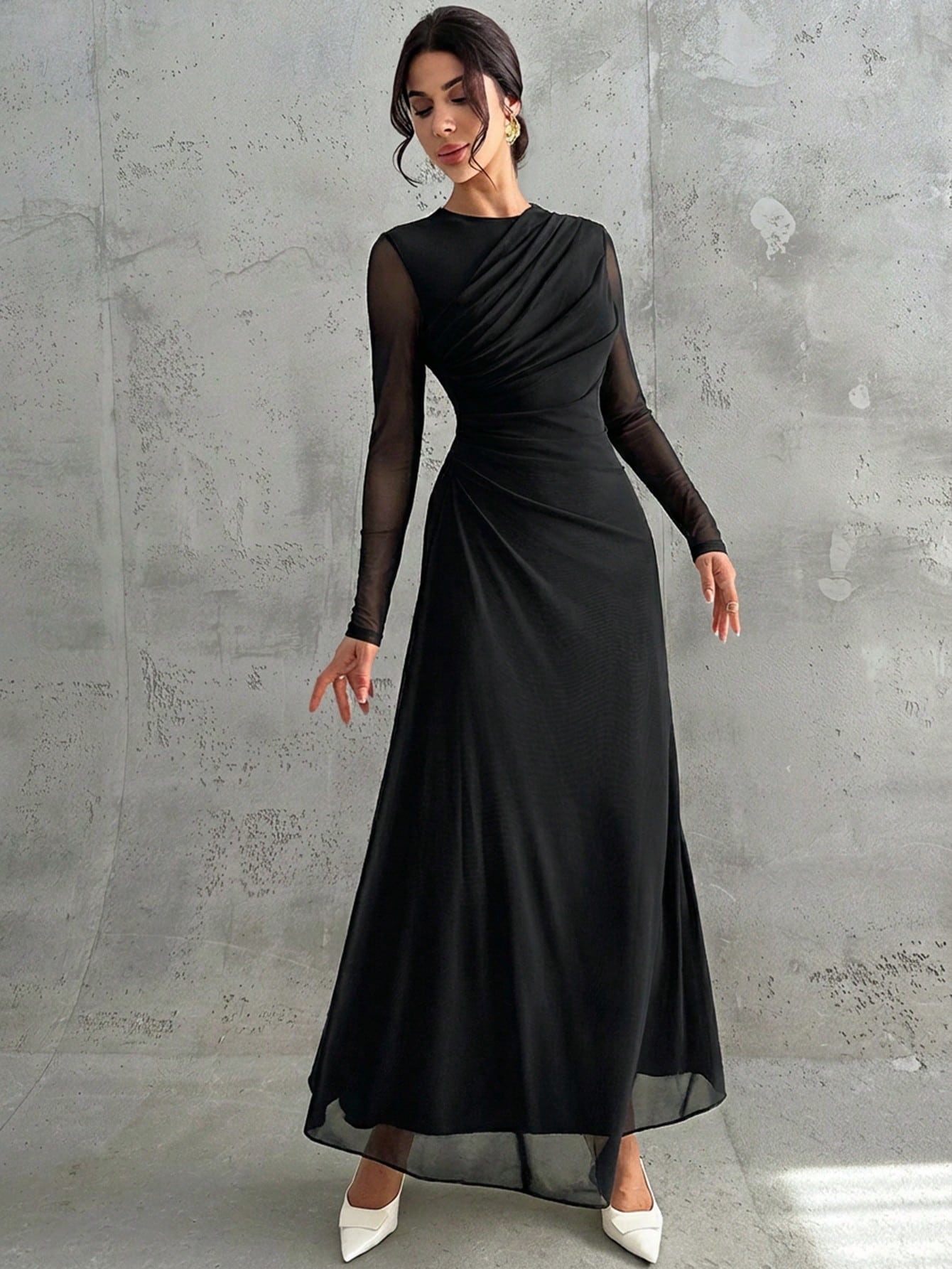 Firerie Women's Elegant Vintage Black Mesh Long Sleeve Maxi Dress Autumn Dining Formal Dinner Date Party Night Evening Office Commute A-Line Bridesmaid