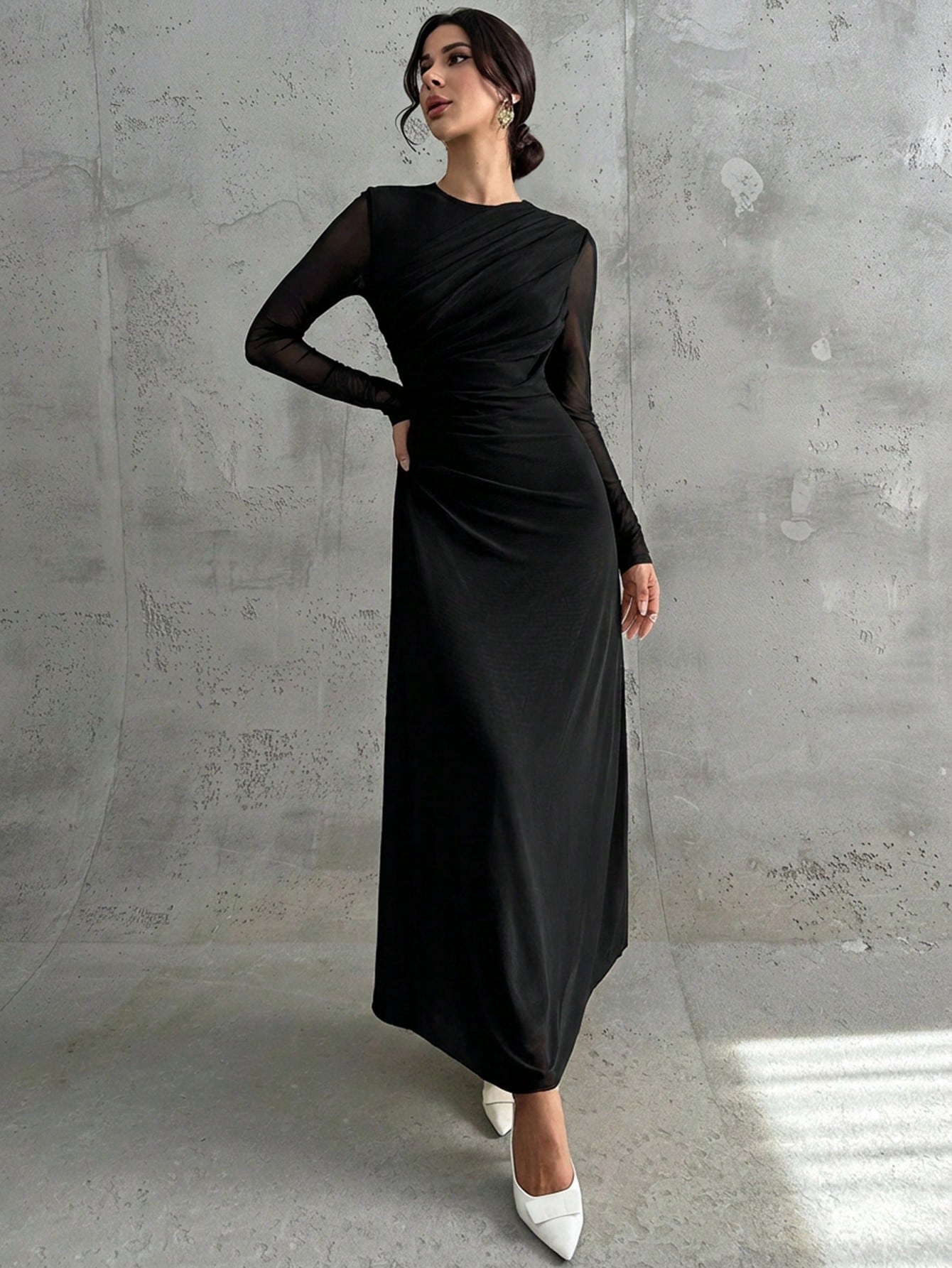 Firerie Women's Elegant Vintage Black Mesh Long Sleeve Maxi Dress Autumn Dining Formal Dinner Date Party Night Evening Office Commute A-Line Bridesmaid