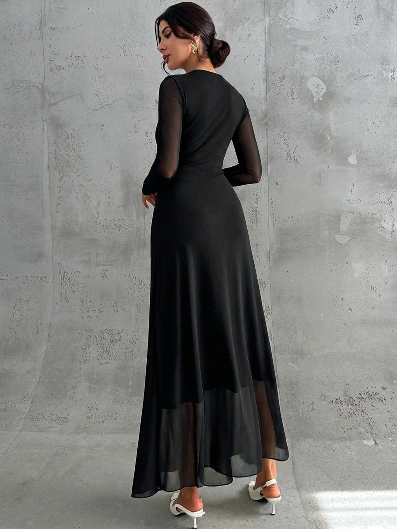Firerie Women's Elegant Vintage Black Mesh Long Sleeve Maxi Dress Autumn Dining Formal Dinner Date Party Night Evening Office Commute A-Line Bridesmaid