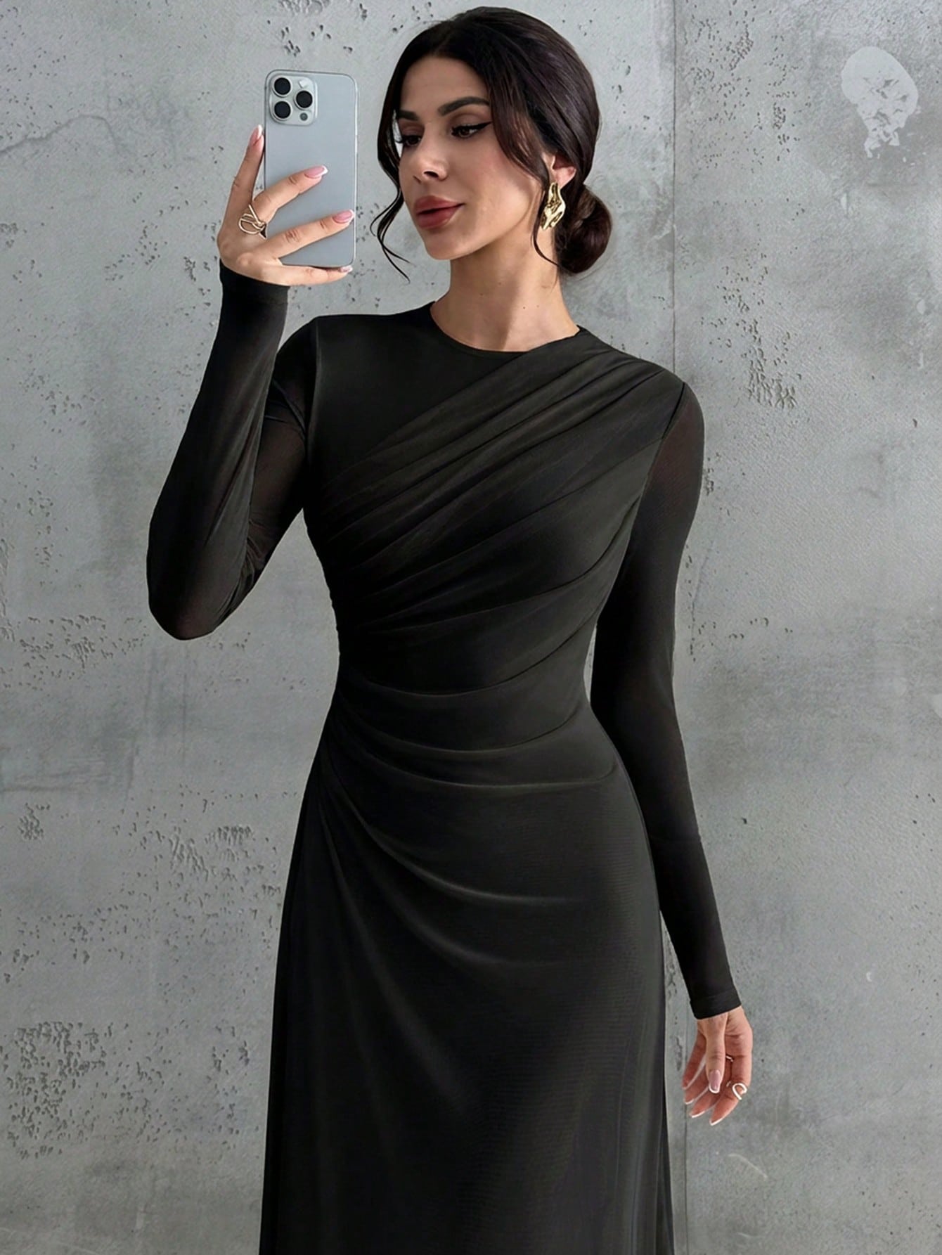 Firerie Women's Elegant Vintage Black Mesh Long Sleeve Maxi Dress Autumn Dining Formal Dinner Date Party Night Evening Office Commute A-Line Bridesmaid