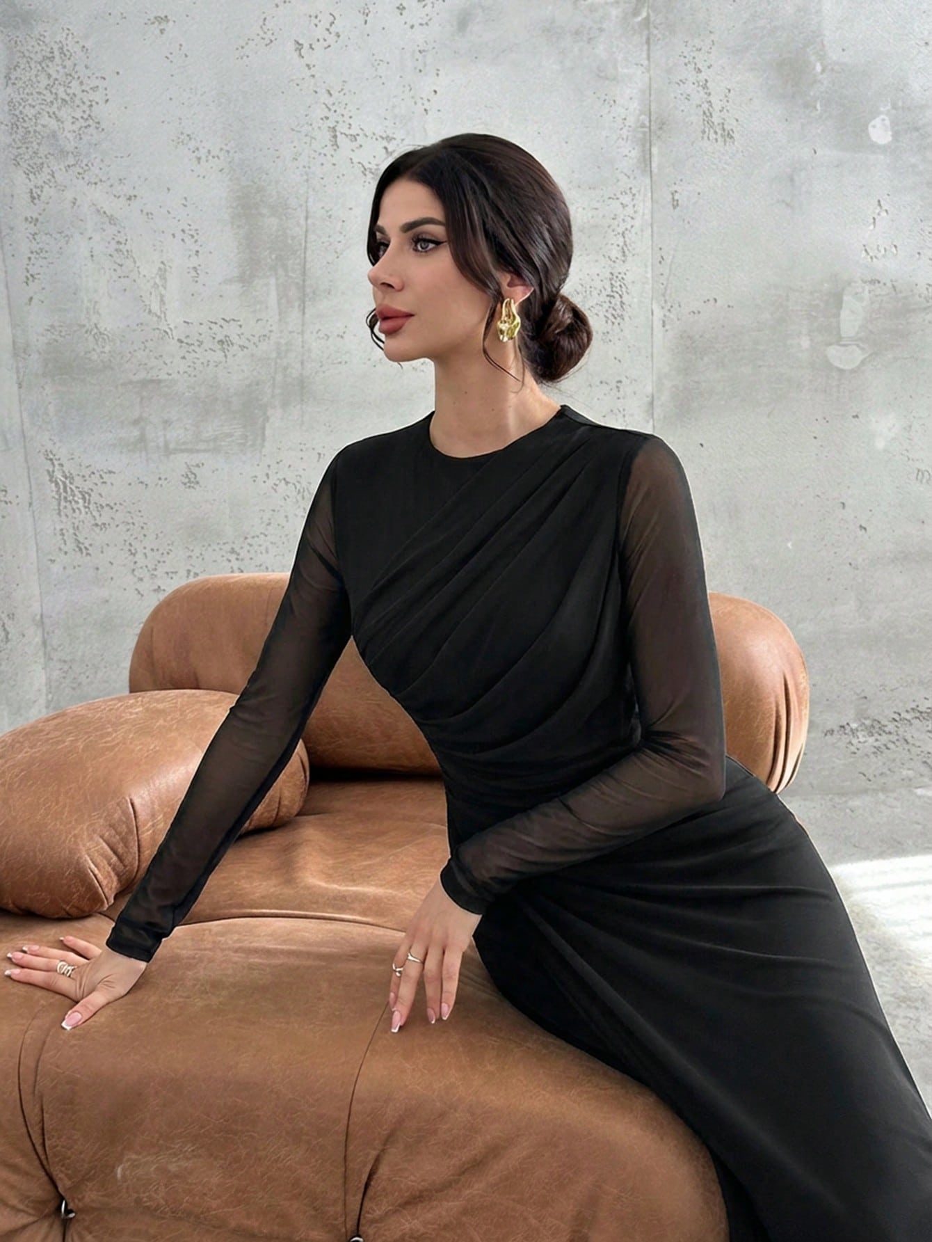 Firerie Women's Elegant Vintage Black Mesh Long Sleeve Maxi Dress Autumn Dining Formal Dinner Date Party Night Evening Office Commute A-Line Bridesmaid