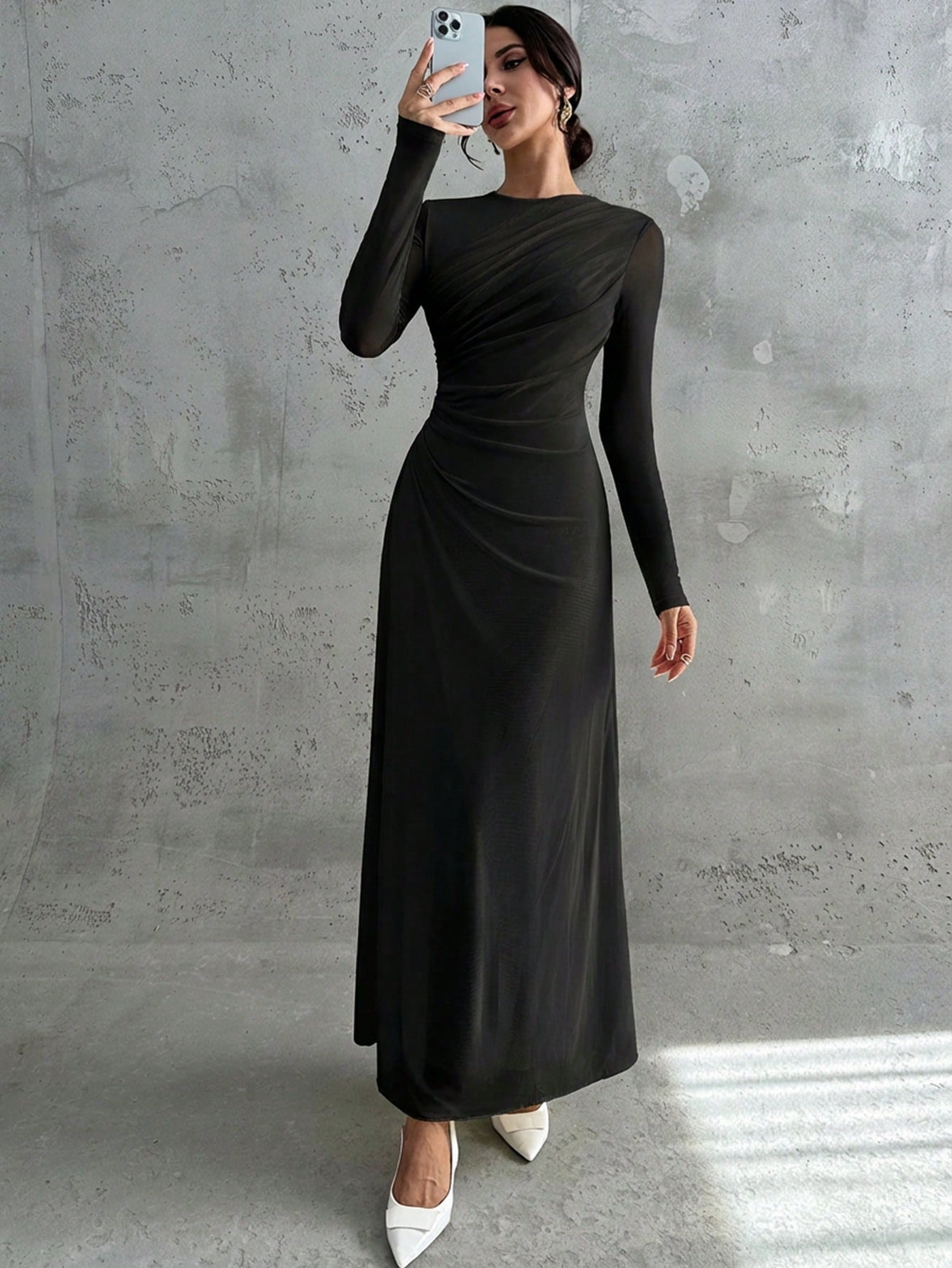 Firerie Women's Elegant Vintage Black Mesh Long Sleeve Maxi Dress Autumn Dining Formal Dinner Date Party Night Evening Office Commute A-Line Bridesmaid