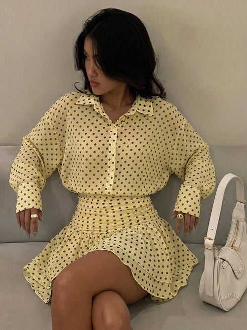 Firerie Women's New Cream Yellow Polka Dot Semi-Sheer Chiffon Single-Breasted Long Sleeve Collared Mini Dress, Ruched Low Waist Fitted A-Line Skirt, Elegant Daily Polka Dot Mini Dress, Spring/Summer O