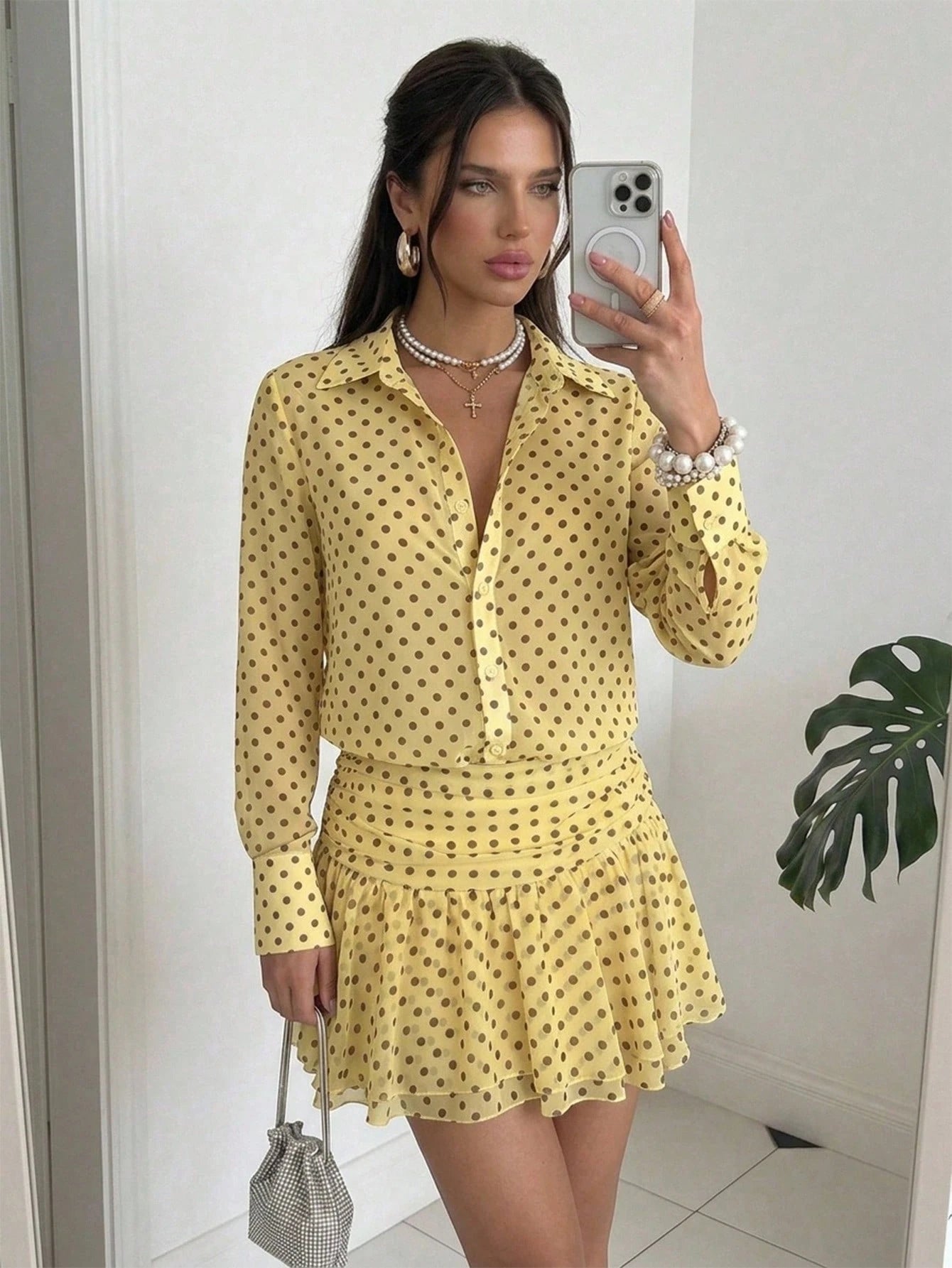 Firerie Women's New Cream Yellow Polka Dot Semi-Sheer Chiffon Single-Breasted Long Sleeve Collared Mini Dress, Ruched Low Waist Fitted A-Line Skirt, Elegant Daily Polka Dot Mini Dress, Spring/Summer O