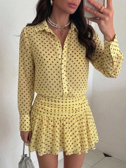 Firerie Women's New Cream Yellow Polka Dot Semi-Sheer Chiffon Single-Breasted Long Sleeve Collared Mini Dress, Ruched Low Waist Fitted A-Line Skirt, Elegant Daily Polka Dot Mini Dress, Spring/Summer O