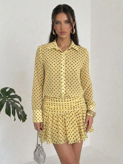 Firerie Women's New Cream Yellow Polka Dot Semi-Sheer Chiffon Single-Breasted Long Sleeve Collared Mini Dress, Ruched Low Waist Fitted A-Line Skirt, Elegant Daily Polka Dot Mini Dress, Spring/Summer O