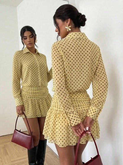 Firerie Women's New Cream Yellow Polka Dot Semi-Sheer Chiffon Single-Breasted Long Sleeve Collared Mini Dress, Ruched Low Waist Fitted A-Line Skirt, Elegant Daily Polka Dot Mini Dress, Spring/Summer O