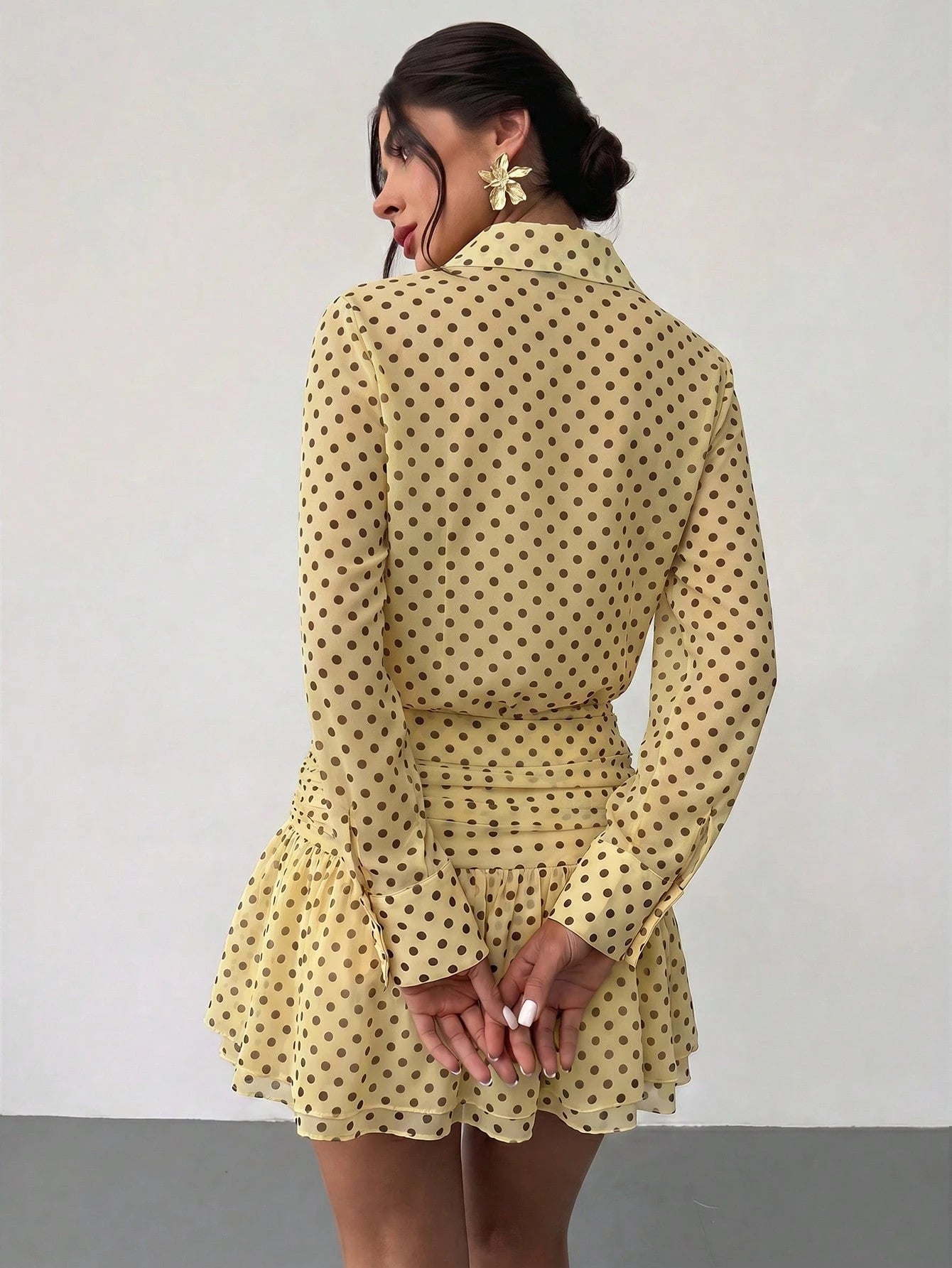 Firerie Women's New Cream Yellow Polka Dot Semi-Sheer Chiffon Single-Breasted Long Sleeve Collared Mini Dress, Ruched Low Waist Fitted A-Line Skirt, Elegant Daily Polka Dot Mini Dress, Spring/Summer O