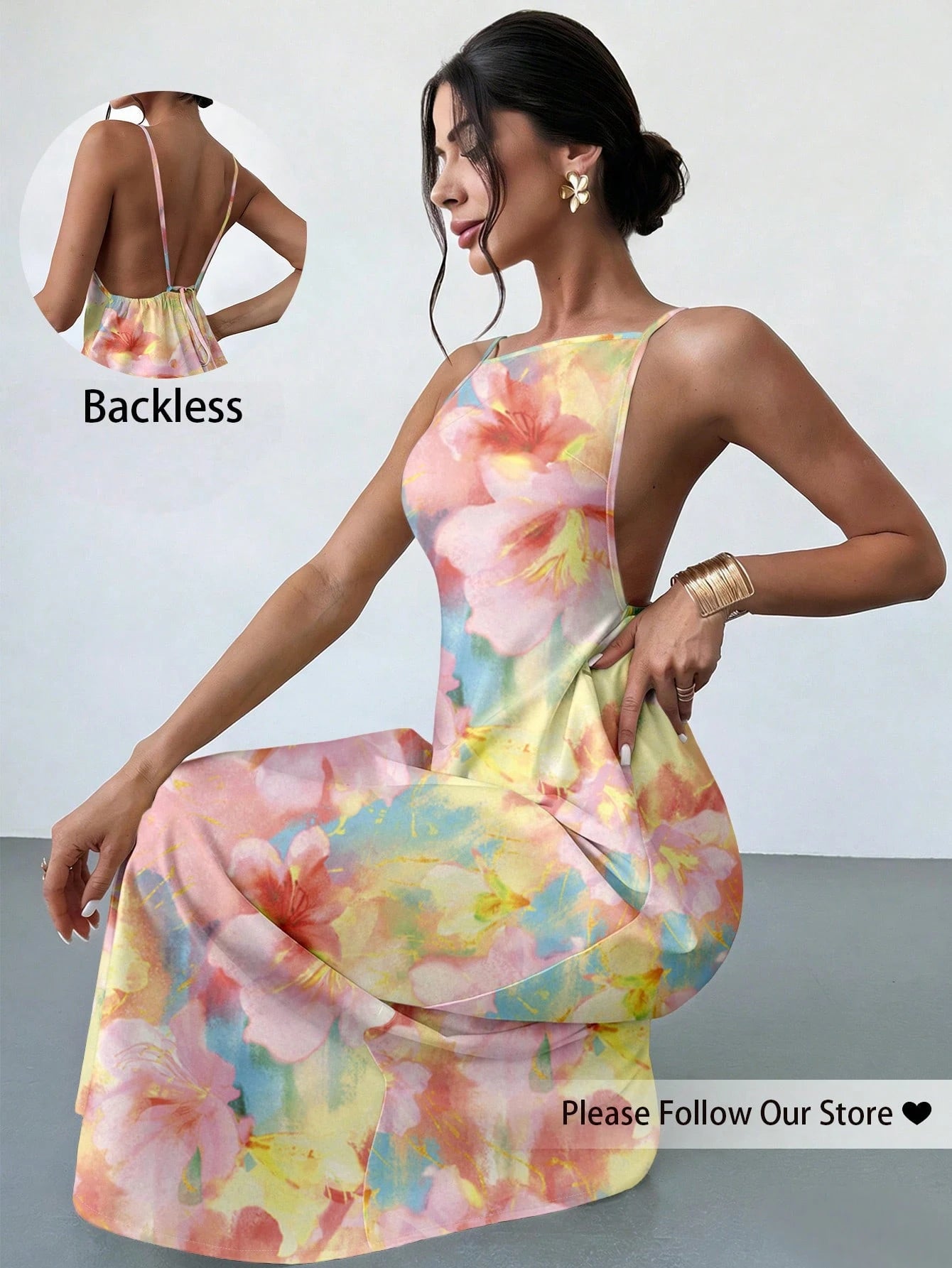 Firerie Women's Solid Color Casual Spaghetti Strap Backless Dress, Tie-Dye Floral Print Loose Hawaiian Holiday Sundress, Yellow,Summer Dresses For Women