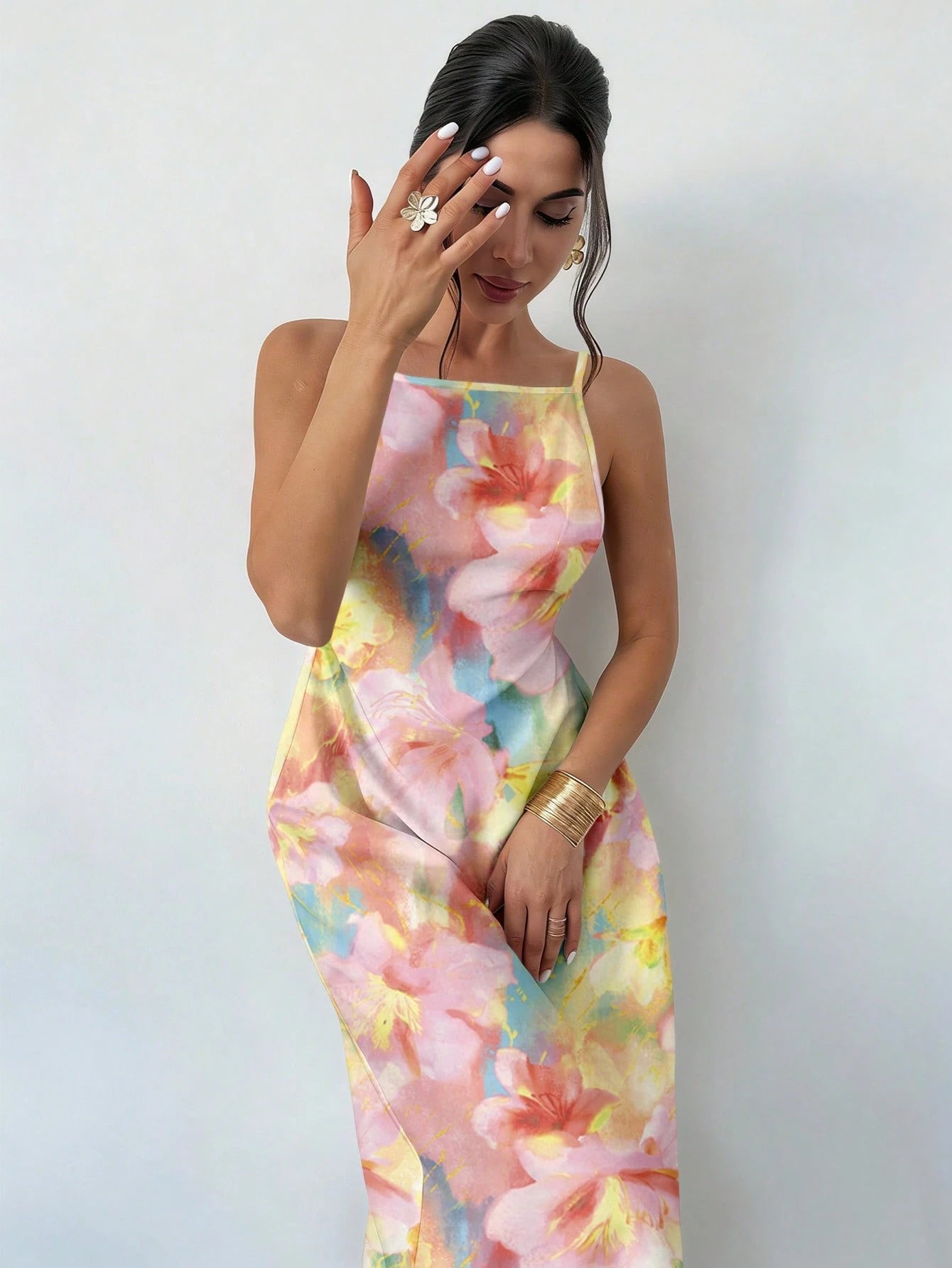 Firerie Women's Solid Color Casual Spaghetti Strap Backless Dress, Tie-Dye Floral Print Loose Hawaiian Holiday Sundress, Yellow,Summer Dresses For Women